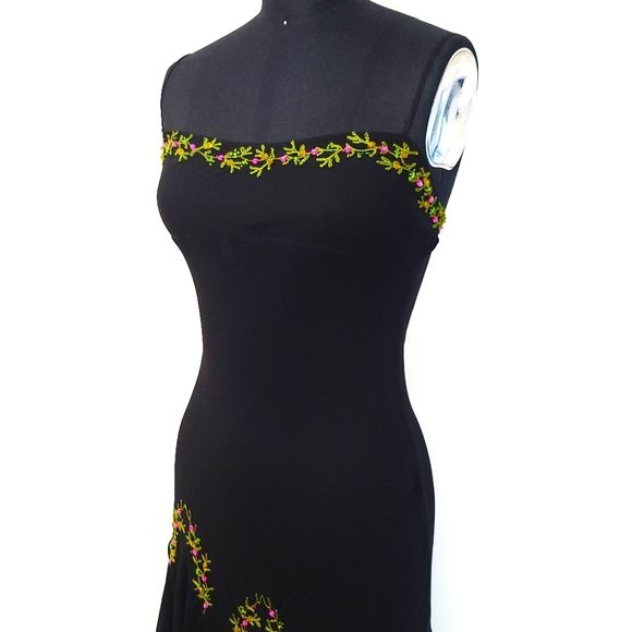 Vintage Y2K Betsey Johnson Whimigoth Embroidered Beaded Floral Midi Slip Dress - Picture 2 of 10